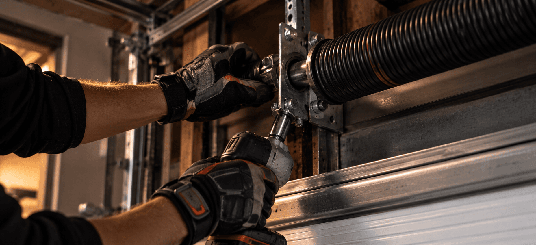 Gloved hands tightening a torsion spring bracket with an impact driver